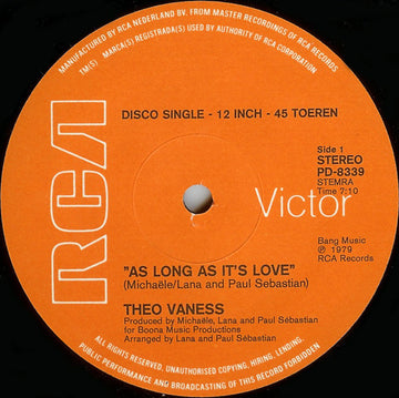 Theo Vaness : As Long As It's Love / Love Me Now (12", Single)