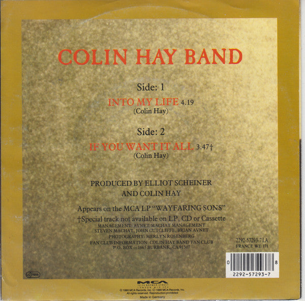 Colin Hay Band : Into My Life (7", Single)