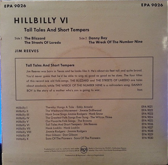 Jim Reeves : Tall Tales And Short Tempers (7", EP)