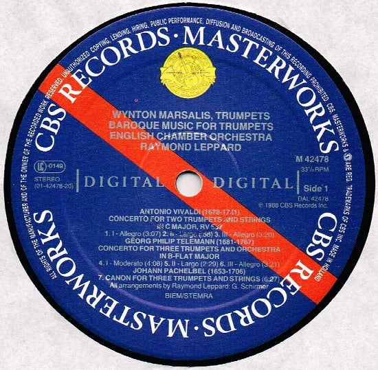 Wynton Marsalis - Antonio Vivaldi • Georg Philipp Telemann • Johann Pachelbel • Michael Haydn • Heinrich Ignaz Franz Biber • English Chamber Orchestra • Raymond Leppard : Baroque Music For Trumpets (LP, Album)