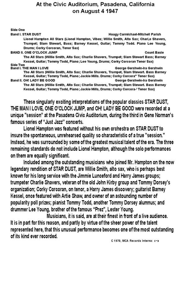 Lionel Hampton All Stars : Stardust (LP, Mono, RE)
