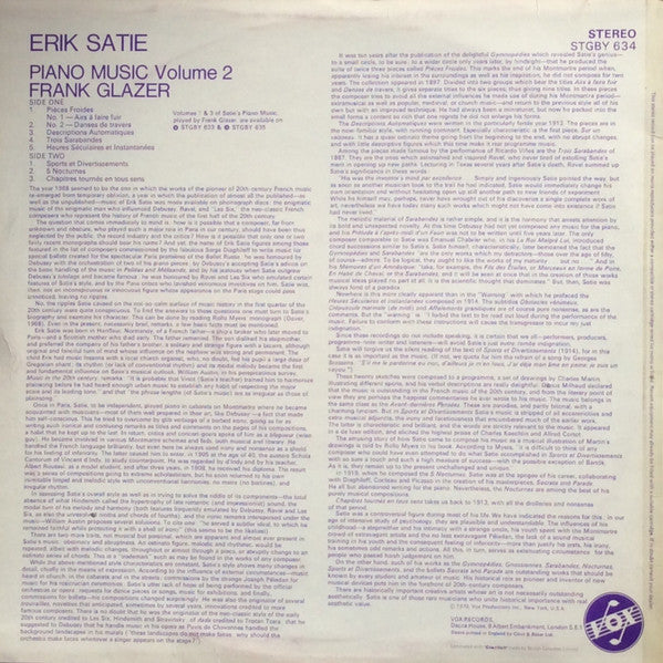 Erik Satie ・ Frank Glazer : Piano Music Volume 2 (LP)