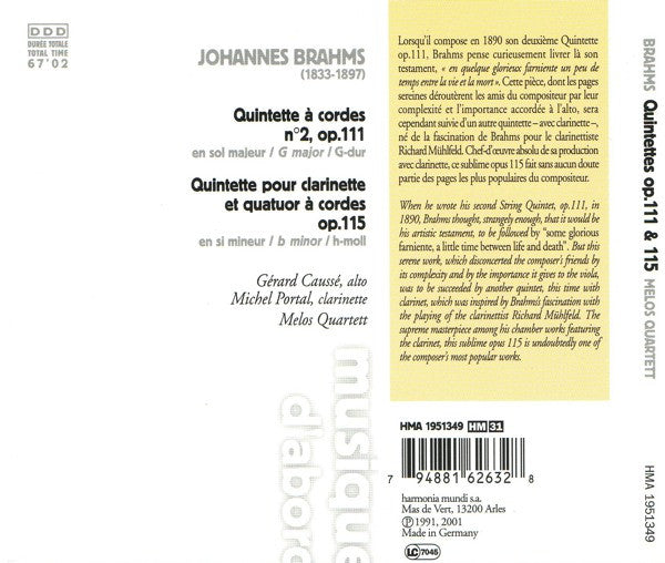 Johannes Brahms - Gérard Caussé, Michel Portal, Melos Quartett : Quintettes Op. 111 & 115 (CD, RE)