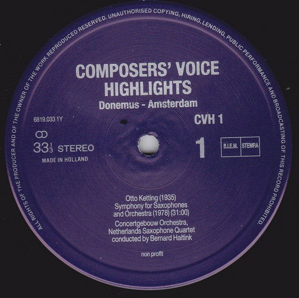 Otto Ketting / Reinbert de Leeuw / Tristan Keuris : Symphony For Saxophones And Orchestra / Abschied / Sinfonia (LP, Comp)