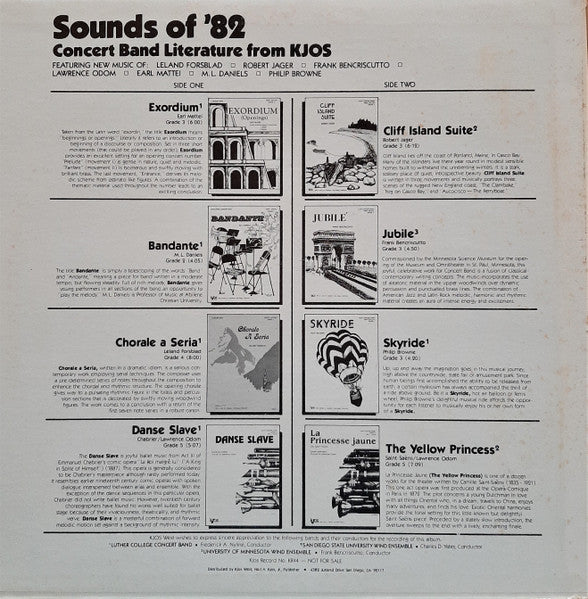 The Luther College Concert Band / San Diego State University Wind Ensemble / The University Of Minnesota Wind Ensemble : Sounds of '82-Concert Band Literature From KJOS (LP)