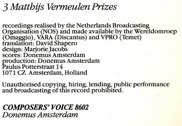 Jan van Vlijmen, Guus Janssen, Klaas de Vries : 3 Matthijs Vermeulen Prizes (LP)