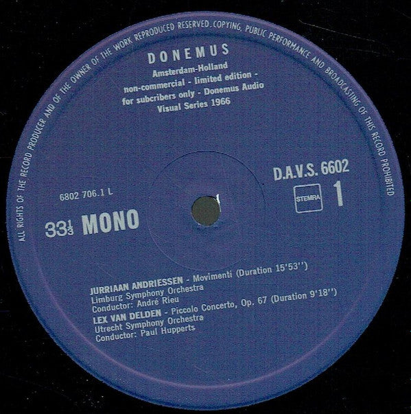 Jurriaan Andriessen / Lex van Delden / Hans Kox / Henk Badings : Moviment / Piccolo Concerto / Cyclofonie No. 1 / Symphony No. 9 (LP, Ltd)