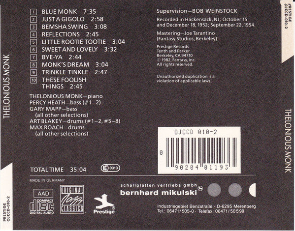 Thelonious Monk : Thelonious Monk (CD, Comp, RE)