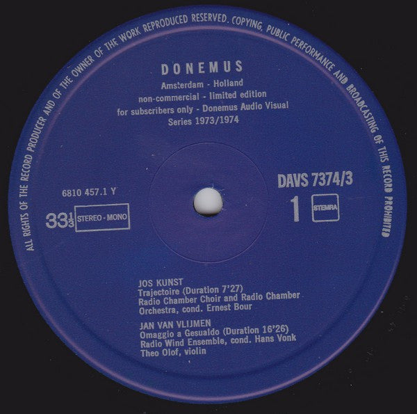 Jos Kunst / Jan van Vlijmen / Ton De Kruyf (2) / Reinbert de Leeuw : Trajectoire / Omaggio A Gesualdo / Quatre Pas De Deux / Quartetto Per Archi (LP, Ltd)