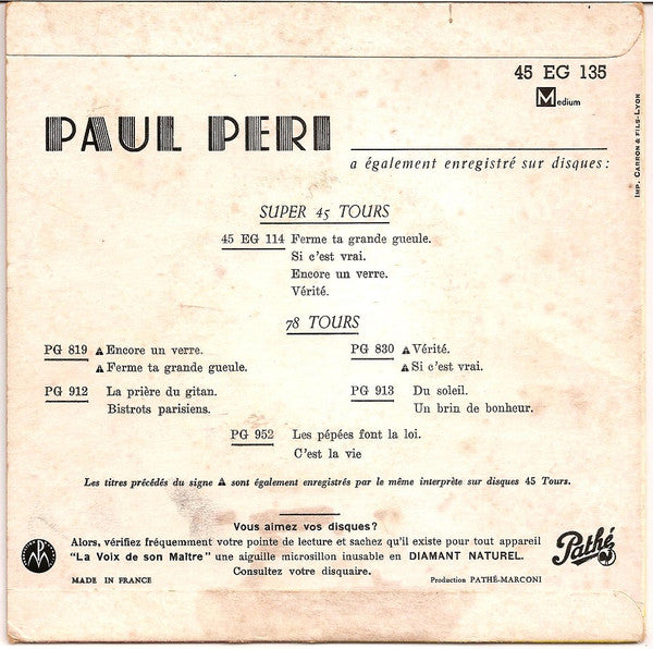 Paul Peri Avec Marguerite Monnot Et Son Ensemble : Du Soleil (7", EP)