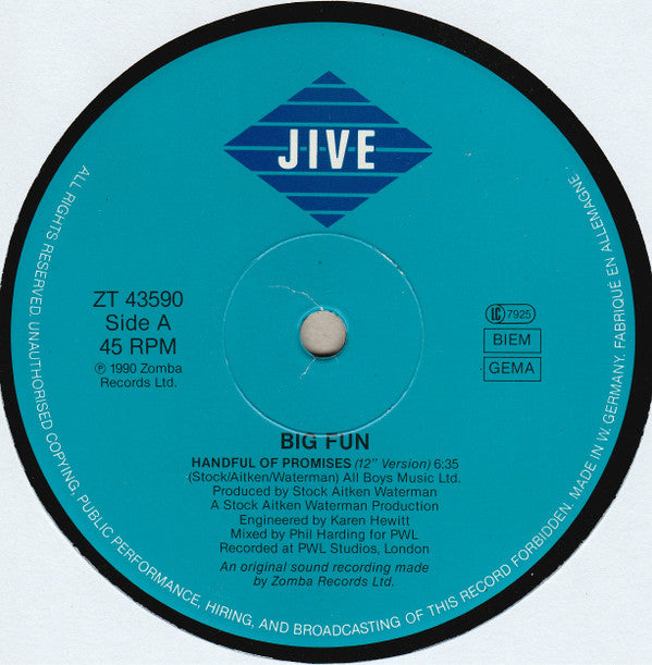 Big Fun : Handful Of Promises (12", Maxi)