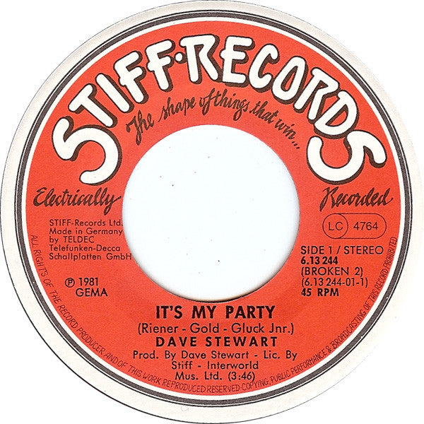 Dave Stewart With Barbara Gaskin* : It's My Party (7", Single, RP)