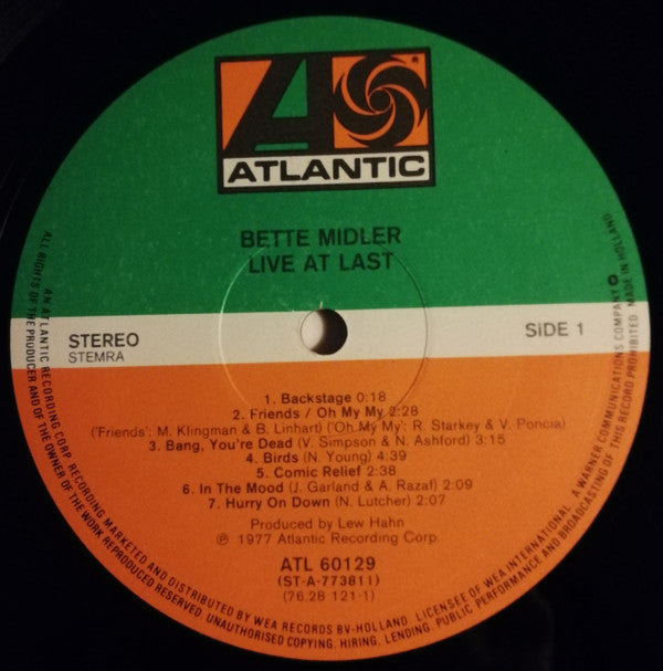 Bette Midler : Live At Last (2xLP, Album, Gat)