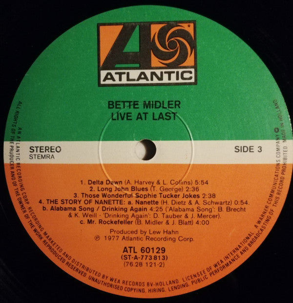 Bette Midler : Live At Last (2xLP, Album, Gat)