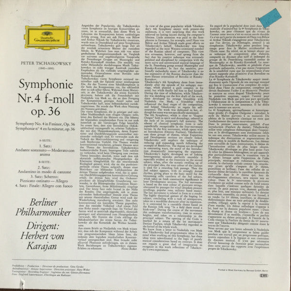 Pyotr Ilyich Tchaikovsky, Herbert von Karajan : Symphonie Nr. 4 F-moll Op. 36 (LP, Album, RE)