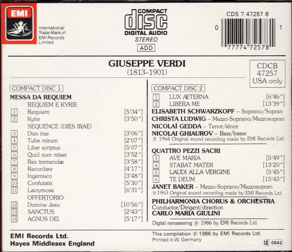 Verdi*, Schwarzkopf*, Ludwig*, Gedda*, Ghiaurov*, Baker*, Giulini*, Philharmonia Chorus & Orchestra* : Requiem / Quattro Pezzi Sacri (2xCD, Comp, RM)