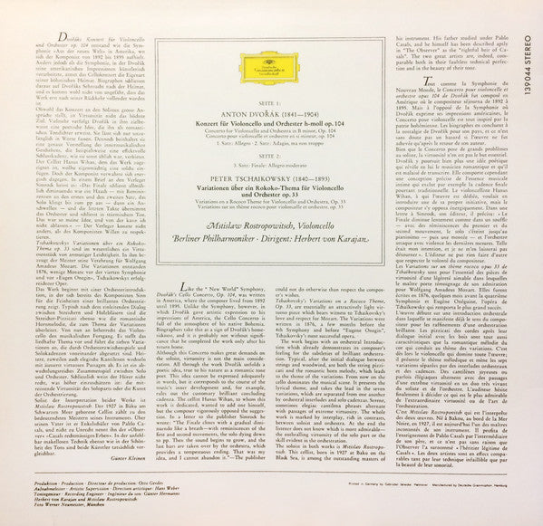 Antonín Dvořák / Pyotr Ilyich Tchaikovsky – Mstislav Rostropovich, Berliner Philharmoniker, Herbert von Karajan : Cello Concerto / Variations On A Rococo Theme (LP, Album, RE)