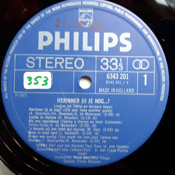 Sanny Day Met The Paul Ruys Quintet : Herinner Jij Je Nog... - Liedjes Uit Lichte En Donkere Dagen (LP)