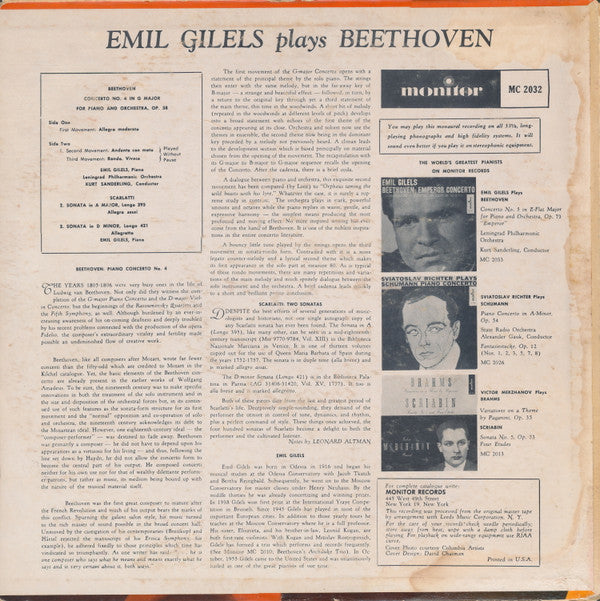 Ludwig van Beethoven, Emil Gilels, Domenico Scarlatti, Kurt Sanderling, Leningrad Philharmonic Orchestra : Emil Gilels, Plays The Beethoven Piano Concert No. 4 In G; Scarlatti: Two Sonatas.  Kurt Sanderling Conducting The Leningrad Philharmonic (LP, Mono)