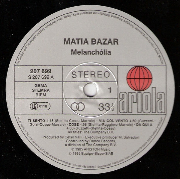 Matia Bazar : Melanchólia (LP, Album)