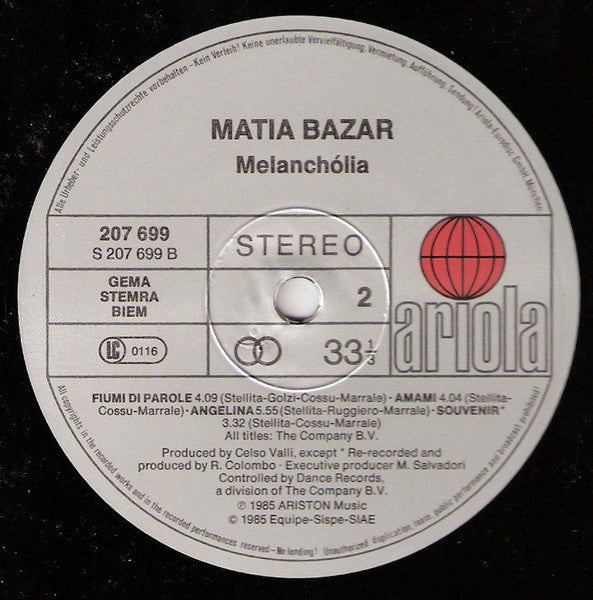 Matia Bazar : Melanchólia (LP, Album)