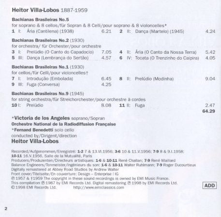 Heitor Villa-Lobos : Victoria De Los Angeles, Heitor Villa-Lobos, Orchestre National De France : Bachianas Brasileiras Nos. 1, 2, 5 & 9 (CD, Comp, Mono, RM)