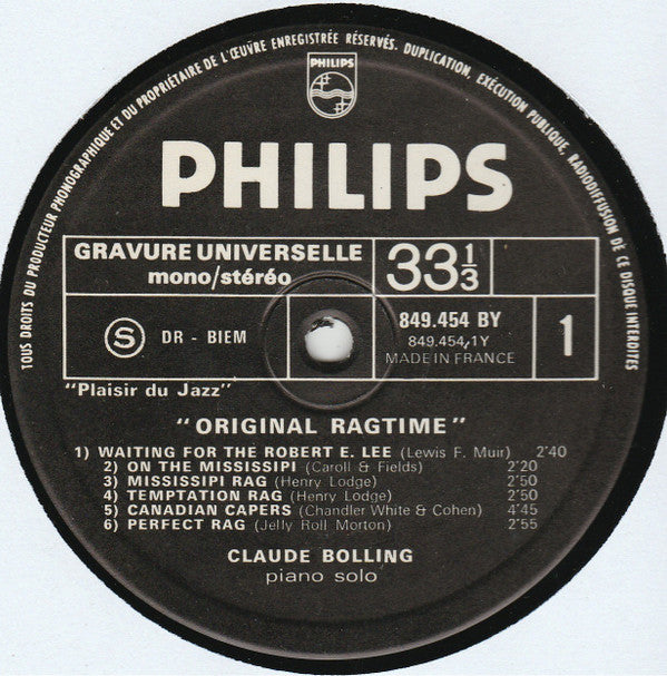 Claude Bolling : Original Ragtime (LP)