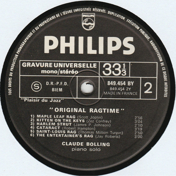Claude Bolling : Original Ragtime (LP)