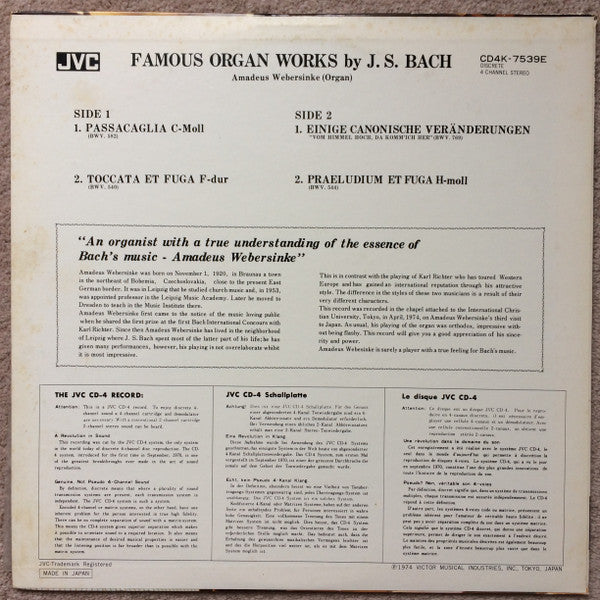 J.S. Bach*, Amadeus Webersinke : Famous Organ Works By J.S. Bach (LP, Quad)