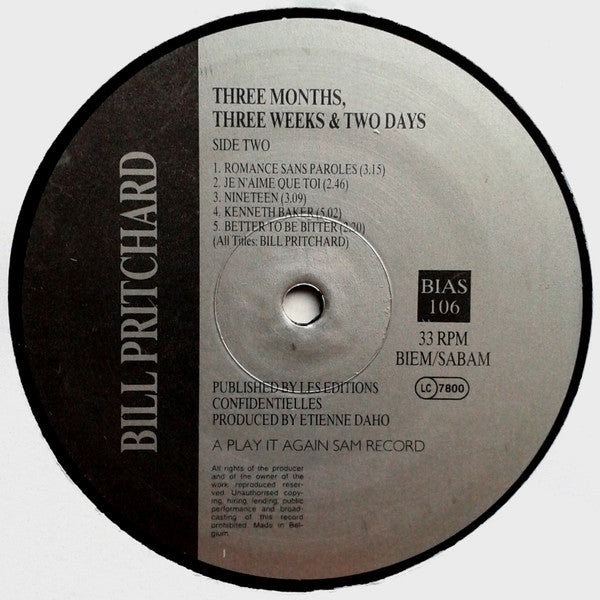 Bill Pritchard : Three Months, Three Weeks & Two Days (LP, Album)