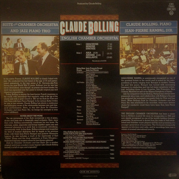 Claude Bolling - English Chamber Orchestra - Jean-Pierre Rampal : Suite For Chamber Orchestra And Jazz Piano Trio (LP, Album)