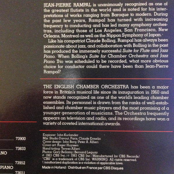 Claude Bolling - English Chamber Orchestra - Jean-Pierre Rampal : Suite For Chamber Orchestra And Jazz Piano Trio (LP, Album)