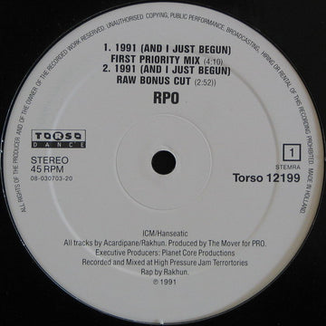 Raw Power Organisation : 1991 (And I Just Begun) (12")