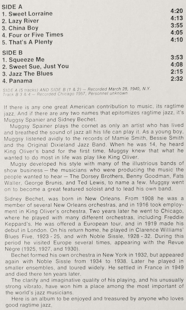Muggsy Spanier & Sidney Bechet : Ragtime Jazz (LP, Album)