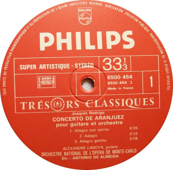 Joaquín Rodrigo - Alexandre Lagoya . Orchestre National De L'Opéra De Monte-Carlo . Antonio De Almeida : Concerto De Aranjuez - Fantaisie Pour Un Gentilhomme (LP, RE, Gat)