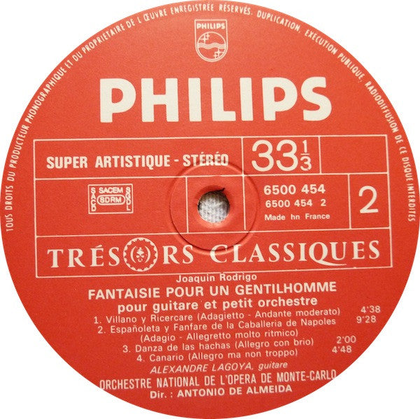 Joaquín Rodrigo - Alexandre Lagoya . Orchestre National De L'Opéra De Monte-Carlo . Antonio De Almeida : Concerto De Aranjuez - Fantaisie Pour Un Gentilhomme (LP, RE, Gat)