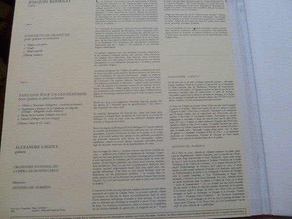 Joaquín Rodrigo - Alexandre Lagoya . Orchestre National De L'Opéra De Monte-Carlo . Antonio De Almeida : Concerto De Aranjuez - Fantaisie Pour Un Gentilhomme (LP, RE, Gat)