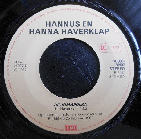 Hannus Haverklap & Hanna Haverklap : De Jomapolka & De Kippenwals (7")