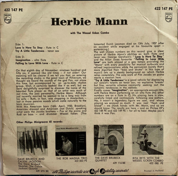 Herbie Mann With The Wessel Ilcken Combo : Salute To The Flute I (7", EP)