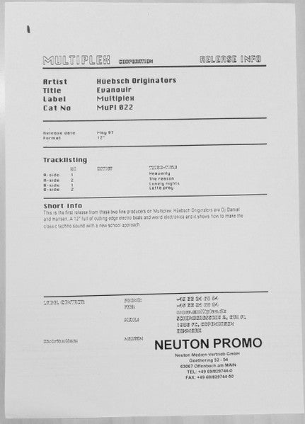 Hüebsch Originators : Evanouir (12", Promo, W/Lbl)