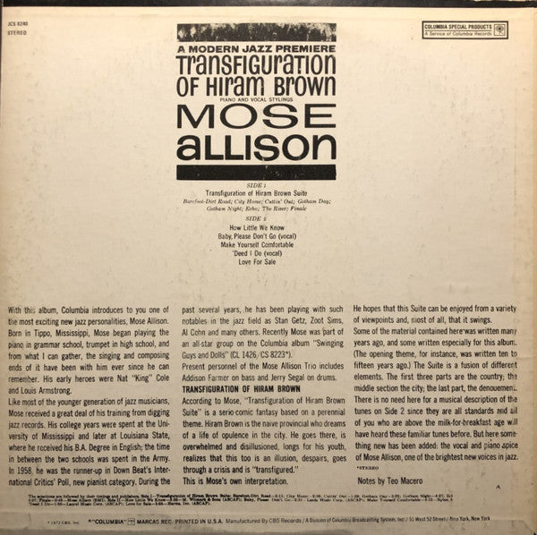 Mose Allison : Transfiguration Of Hiram Brown (LP, Album, RE)