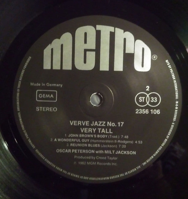 Oscar Peterson With Milt Jackson : Very Tall (LP, Album, RE)