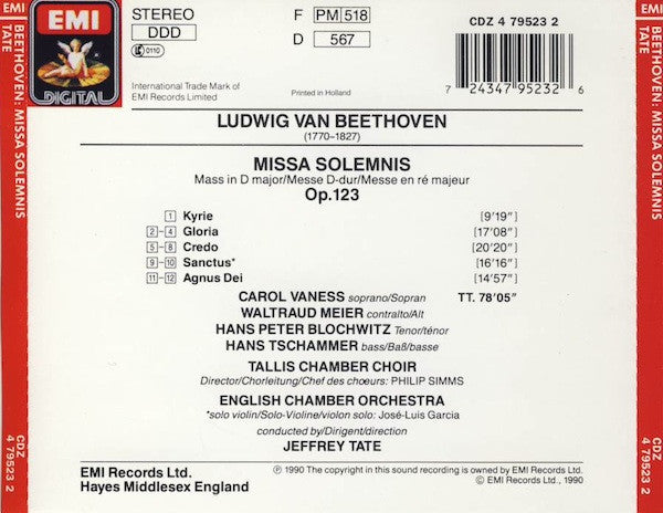 Ludwig Van Beethoven ‧ Carol Vaness ‧ Waltraud Meier ‧ Hans Peter Blochwitz ‧ Hans Tschammer ‧ Tallis Chamber Choir ‧ English Chamber Orchestra ‧ Jeffrey Tate : Missa Solemnis (CD, Album)