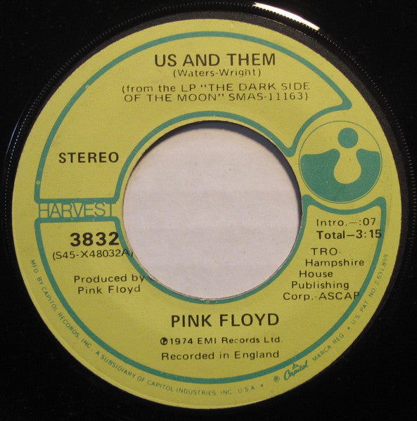 Pink Floyd : Us And Them (7", Single, Jac)