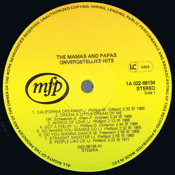 The Mamas & The Papas : Onvergetelijke Hits (LP, Album, Comp)