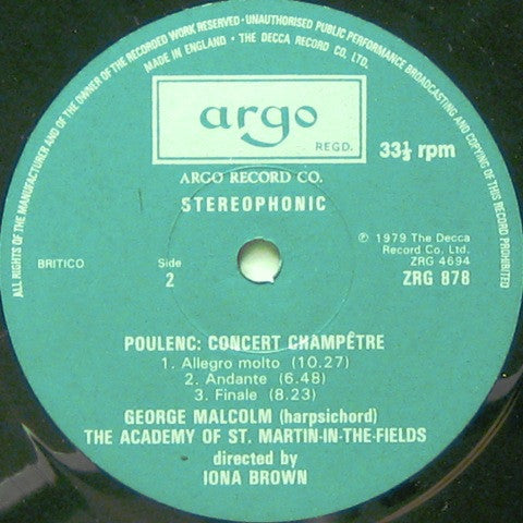 Francis Poulenc, George Malcolm ∙ The Academy Of St. Martin-in-the-Fields Directed By Iona Brown : Concert Champêtre For Harpsichord And Orchestra ∙ Organ Concerto (LP)