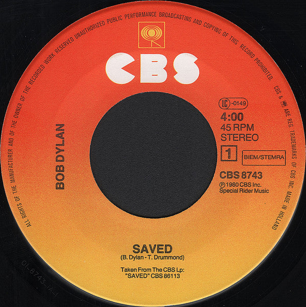 Bob Dylan : Saved (7", Single)