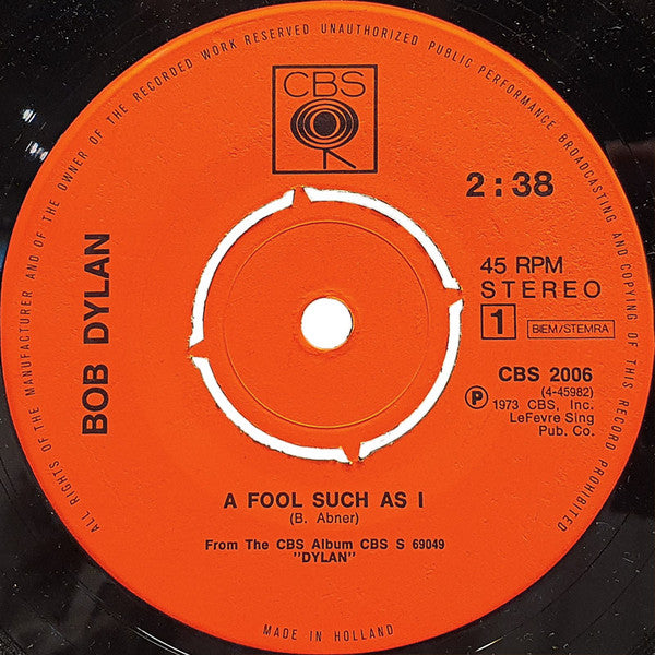 Bob Dylan : A Fool Such As I (7", Single)
