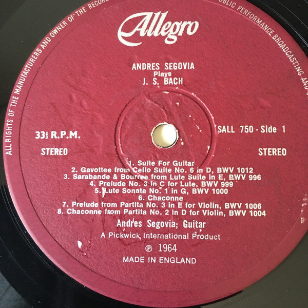 Johann Sebastian Bach, Andrés Segovia, Edith Weiss-Mann : Andres Segovia Plays J. S. Bach (LP)