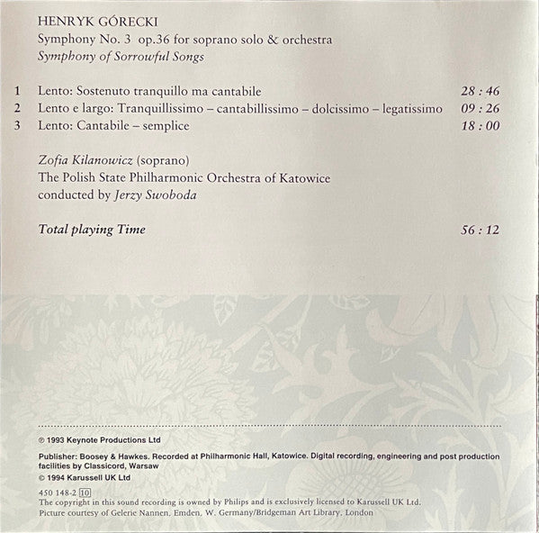 Gorecki* Featuring Zofia Kilanowicz, Polish State Philharmonic Orchestra Of Katowice* Conducted By Jerzy Swoboda : Symphony No.3, 'Symphony Of Sorrowful Songs' Op. 36 for Soprano & Orchestra (CD, Album)